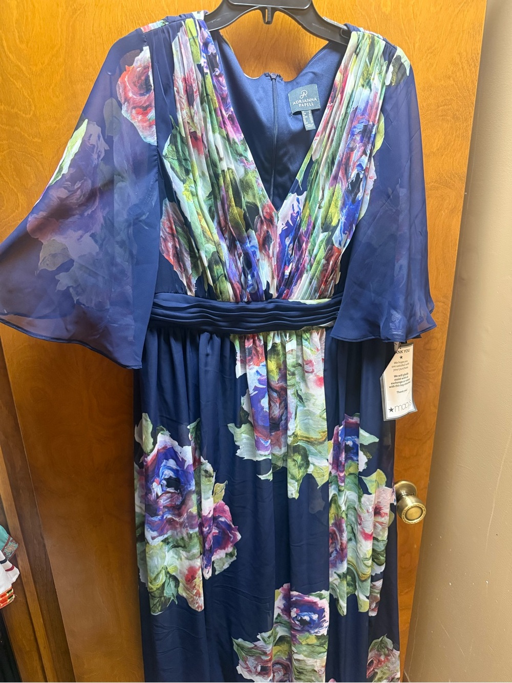 Adrianna Papell Navy Floral V-Neck Chiffon Sleeve Maxi Dress
